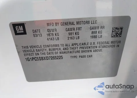 2013 Chevrolet Cruze 1Lt Auto из США, поврежденный, VIN 1G1PC5SBXD7265225